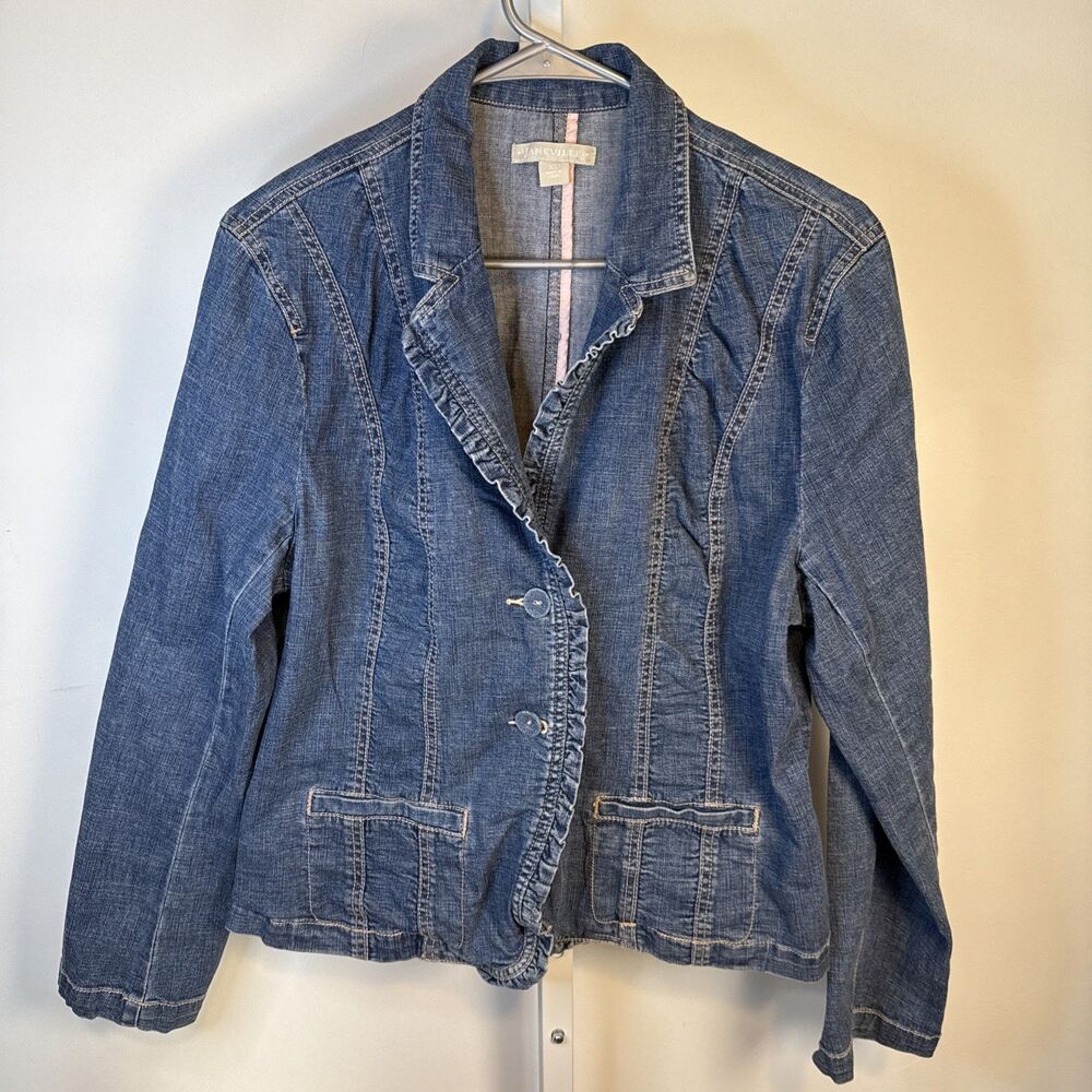 Vintage Y2K Janeville Women's Denim Blazer Jacket Blue Sz XL Fitted Ruffles